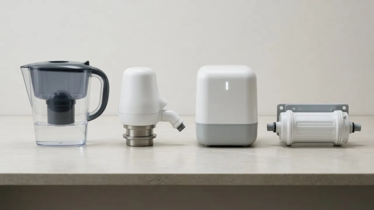 Four water-filter types in a row on a counter — a pitcher, a faucet-mount filter, a countertop unit, and an under-sink cartridge