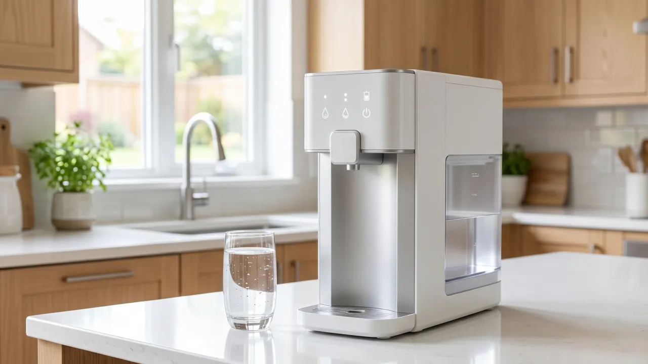 A countertop reverse-osmosis water purifier beside a glass of filtered water on a bright kitchen counter