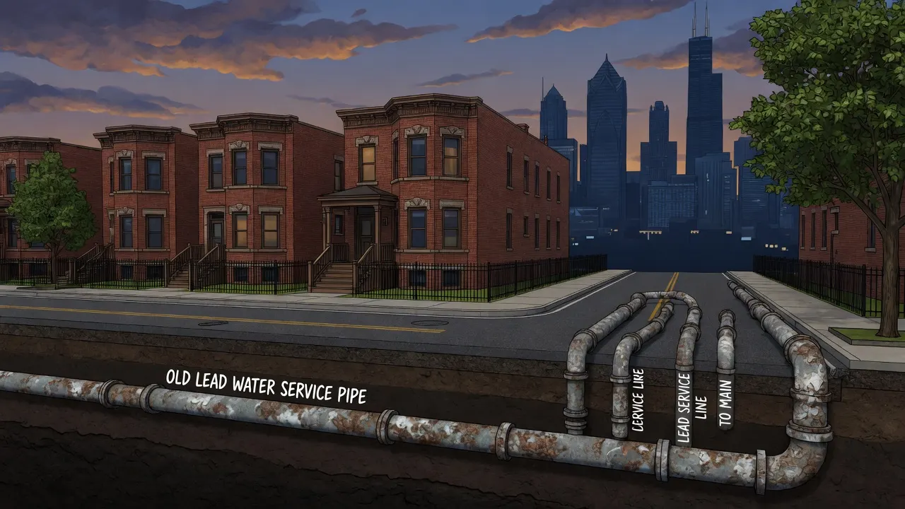 The Chicago skyline and brick two-flats above old lead water service pipes underground