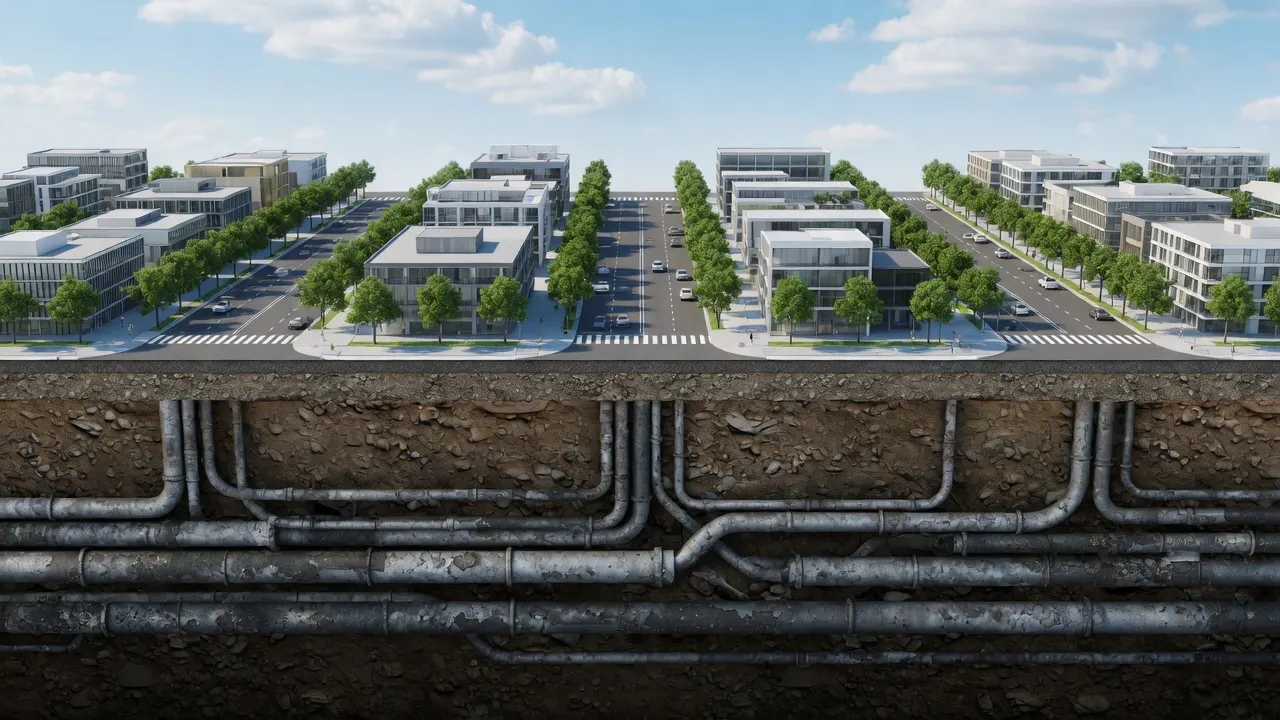 Conceptual illustration of a street grid with lead pipes below