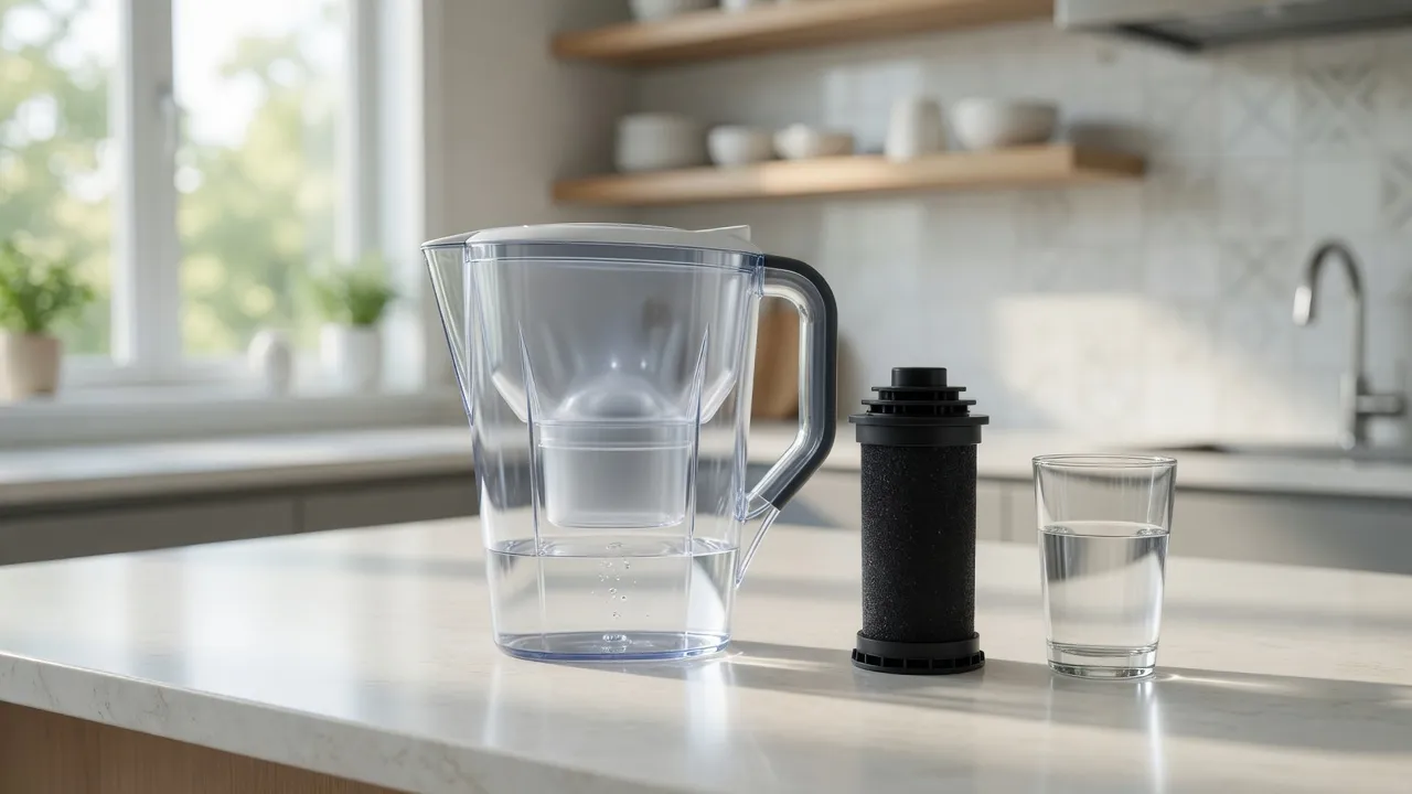 A clear water-filter pitcher with its carbon cartridge lifted out and set beside a glass of water on a kitchen counter