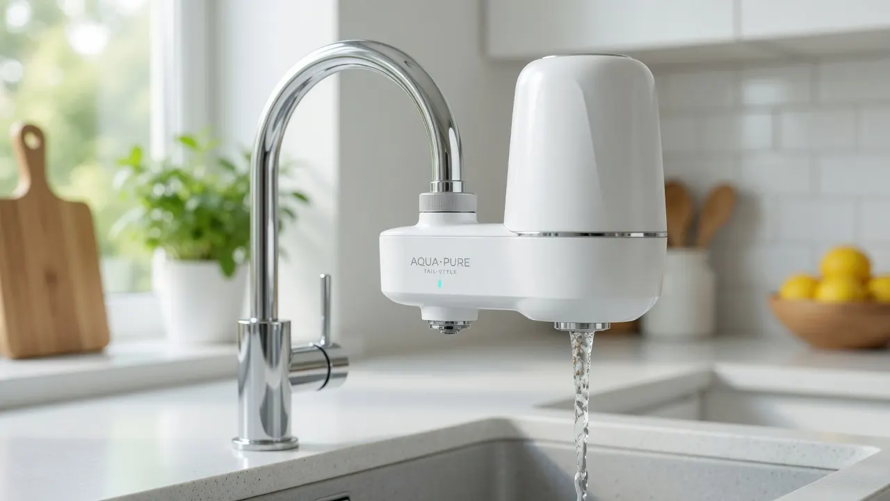 A certified water filter mounted at a kitchen tap