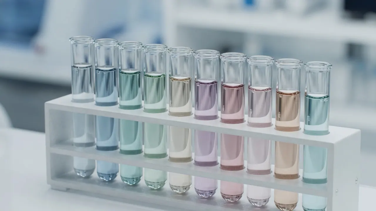 A laboratory rack of test tubes, each holding water with a faintly different metallic tint