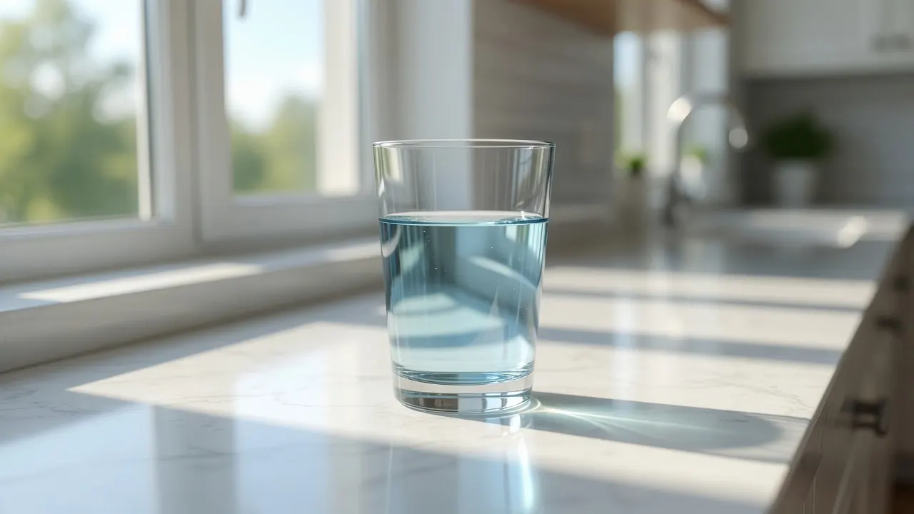 A single glass of clean tap water on a kitchen counter
