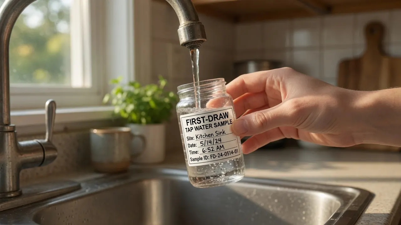 A first-draw tap water sample being collected into a labeled bottle at a kitchen sink