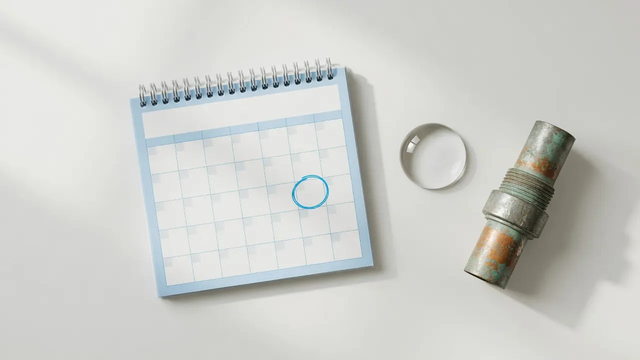 A calendar marking a compliance milestone beside an old metal water pipe