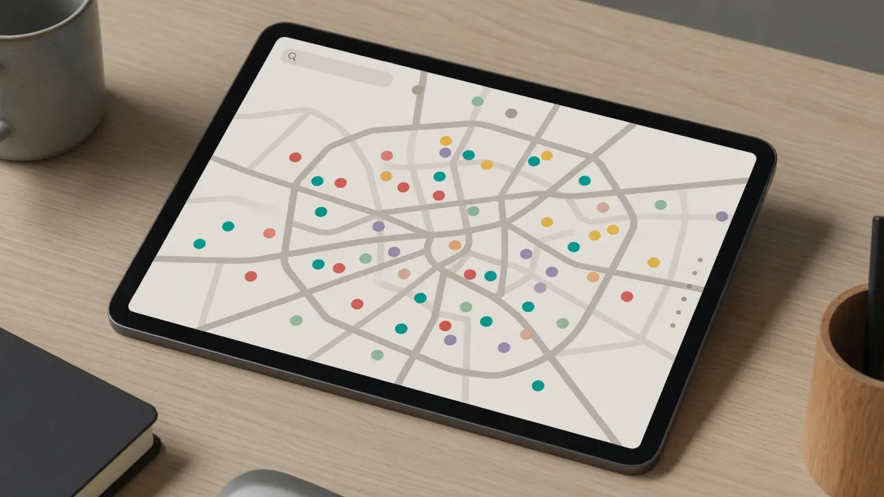 A tablet showing a neighborhood map with colored markers, like a service-line lookup tool