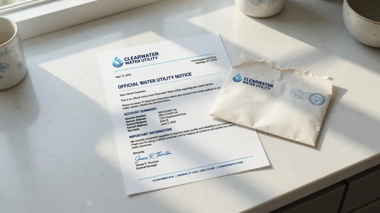 A water utility notice letter on a kitchen table