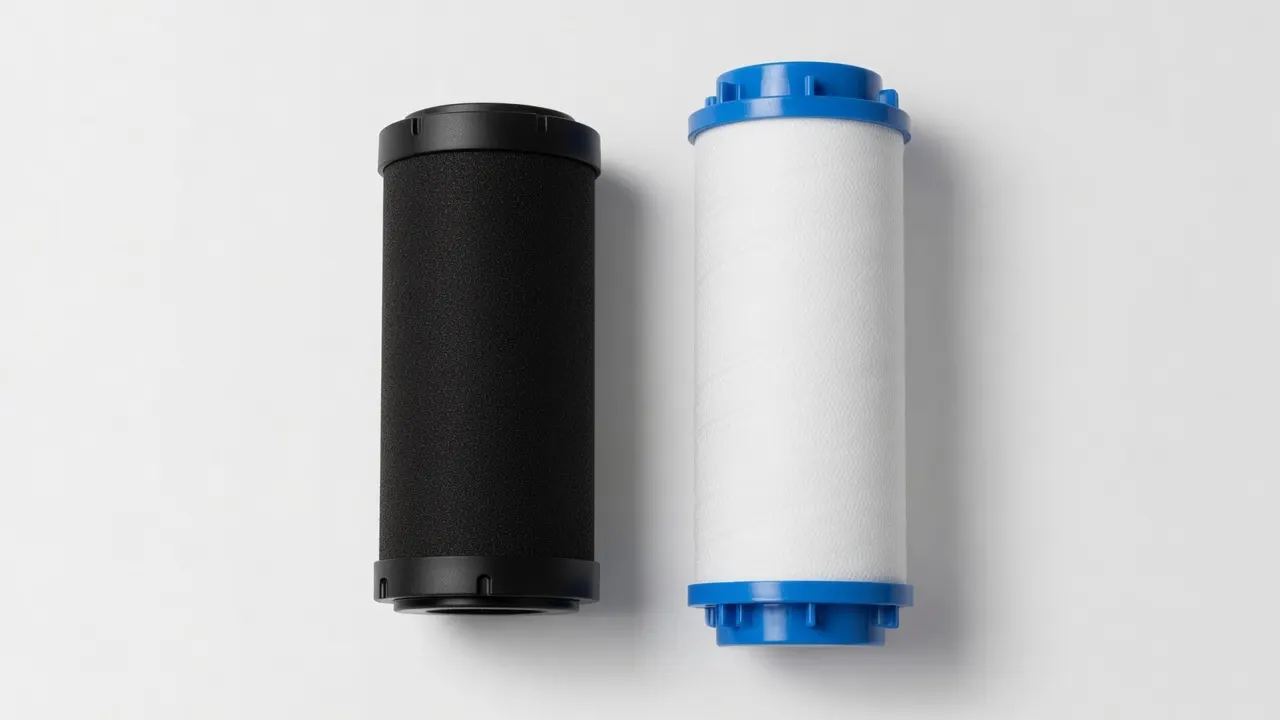 A carbon-block filter cartridge and a reverse-osmosis membrane cartridge side by side