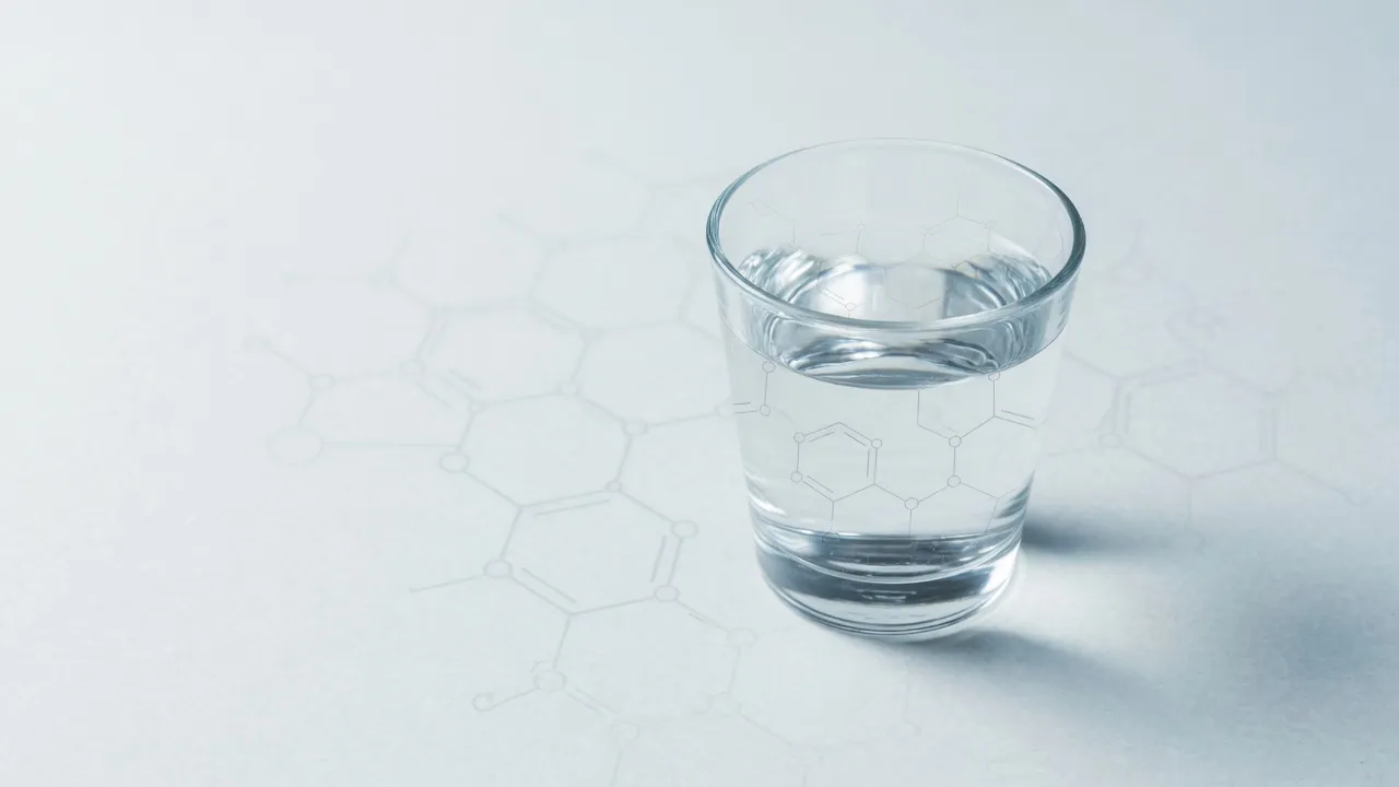 A glass of clean tap water on a light surface with a faint molecular-bond pattern behind it