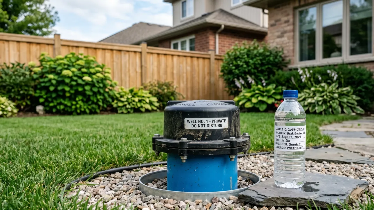A private well head and a labeled water sample bottle in a backyard