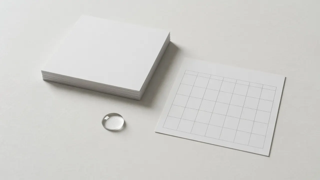 A stack of plain documents, a blank calendar, and a water droplet