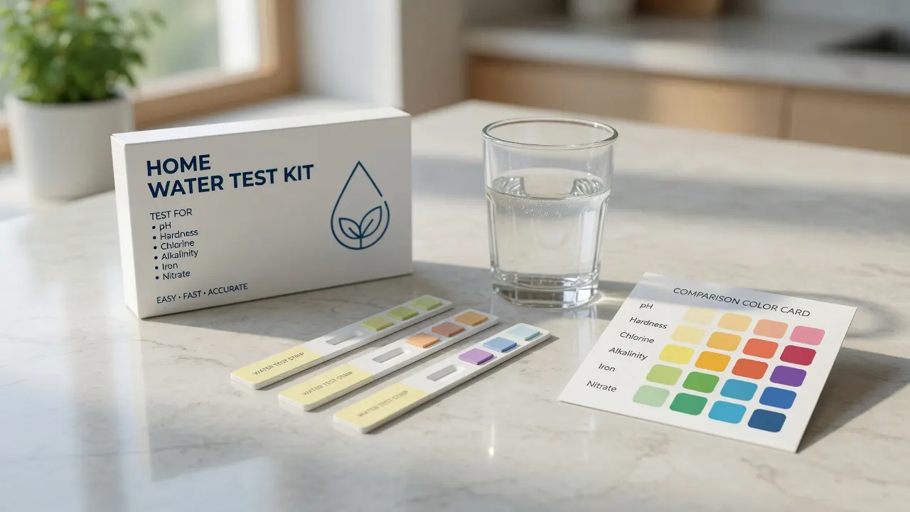 A home water test kit with color-change strips, a comparison color card, and a glass of water