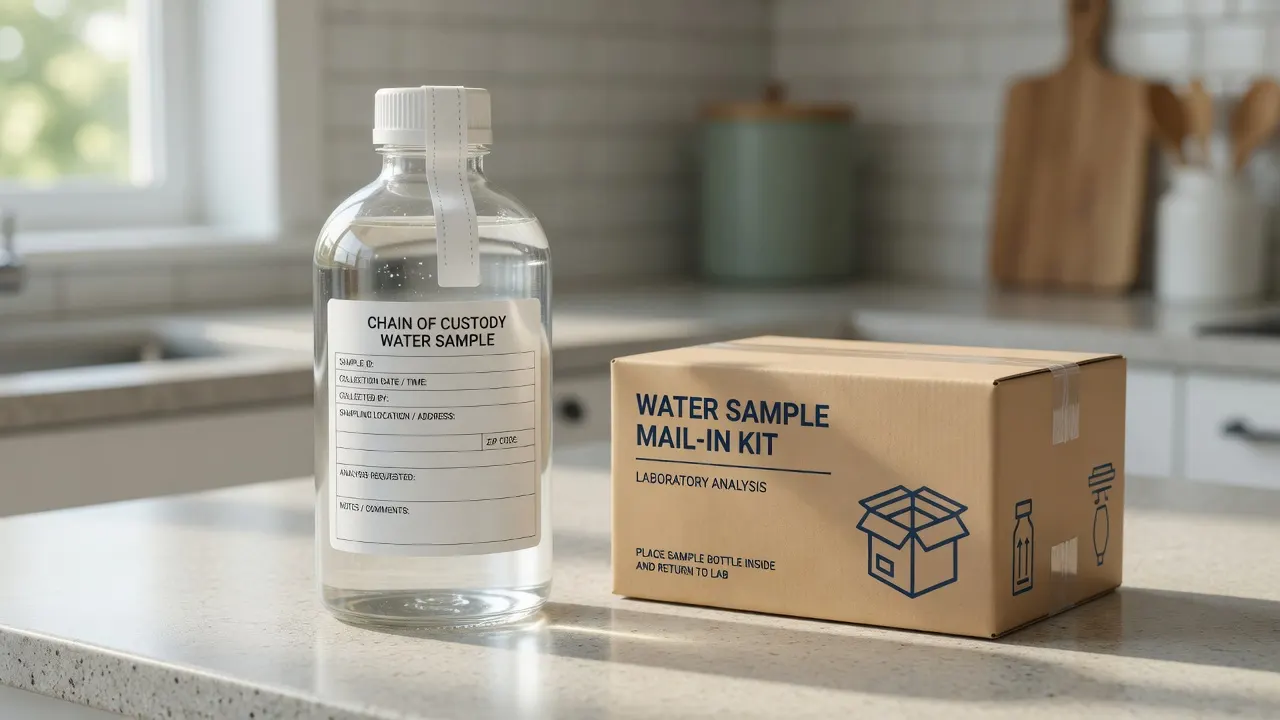 A labeled water sample bottle beside a mail-in laboratory kit box on a kitchen counter