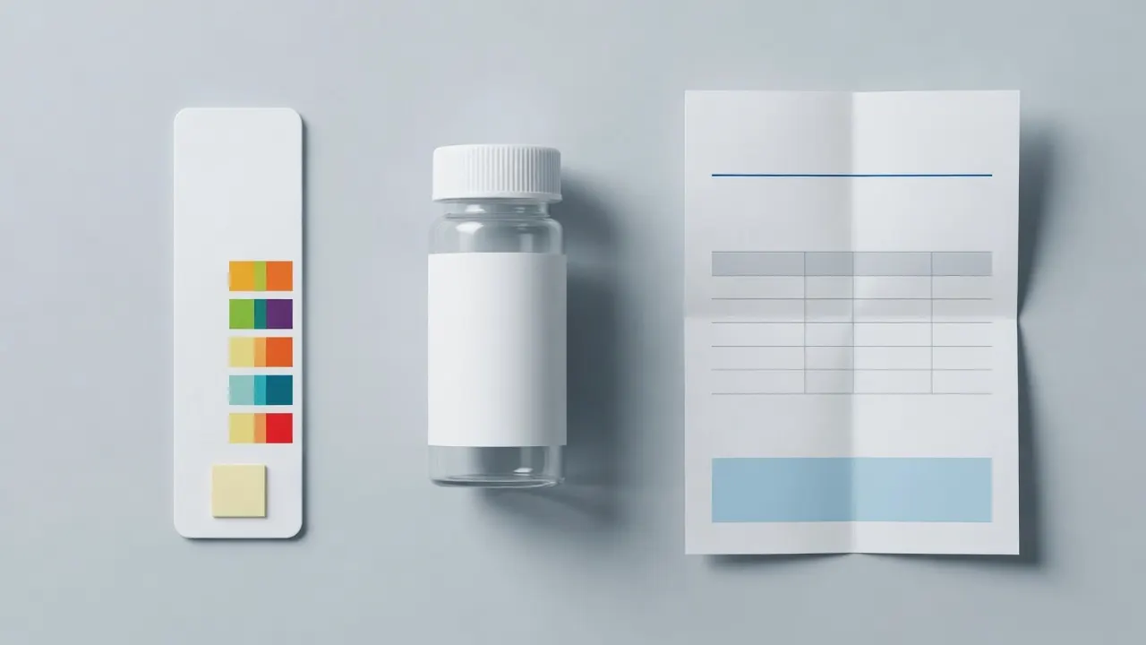 A home test strip, a labeled lab sample bottle, and a folded water report