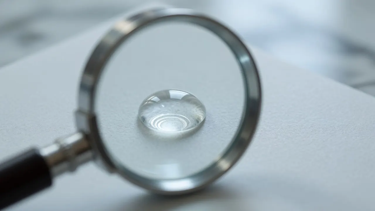 A magnifying glass examining a single clear water droplet